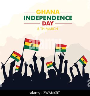 Joyeux jour de l'indépendance du Ghana avec la silhouette des personnes tenant le drapeau Vector Template Design Illustration Illustration de Vecteur