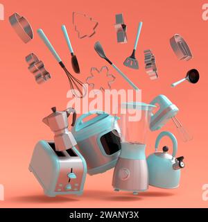 Machine à café expresso, mixeur à main, bouilloire et grille-pain pour préparer le petit déjeuner sur fond orange. rendu 3d de cafetière pour faire du café latte Banque D'Images