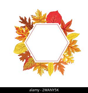 Cadre hexagonal de feuilles d'automne avec vecteur d'espace blanc, modèle hexagonal avec illustration de diverses feuilles automnales colorées pour la publicité d'automne Illustration de Vecteur