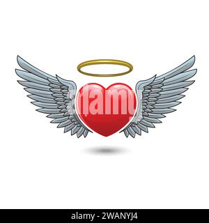 Cœur de dessin animé vectoriel avec des ailes d'ange et un halo Illustration de Vecteur