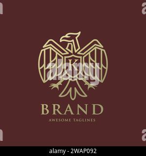 aigle héraldique linéaire avec la lettre k, logo aigle de luxe avec la lettre k. Illustration de Vecteur