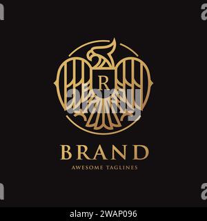 Aigle héraldique linéaire avec lettre R, logo aigle de luxe avec lettre R. Illustration de Vecteur