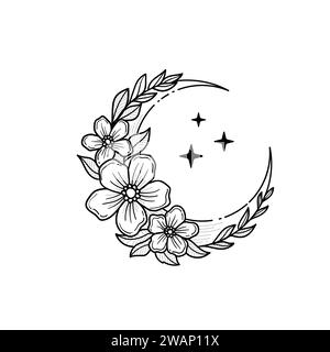 Contour floral croissant lune avec fleur, branches feuillues et étoiles isolées sur fond blanc, Vector Crescent Outline Emblem pour la conception de tatouage, lo Illustration de Vecteur