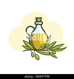 bouteille en verre d'huile d'olive et olives avec feuilles. Illustration en version Raster de conception plate. Illustration de Vecteur