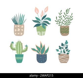 Plantes vertes dans des pots ensemble de dessins animés. différentes plantes d'intérieur décoratives en pot pour le design d'intérieur. décoration, jardinage, collection florale, isolé sur w Illustration de Vecteur