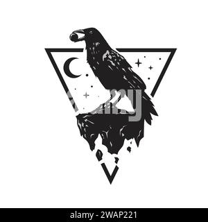 Corbeau noir porte une pierre pavée dans son bec avec lune triangle et illustration vectorielle d'ornement d'étoile Illustration de Vecteur