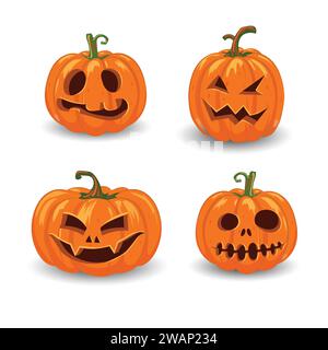 Citrouilles Halloween dans le vecteur avec ensemble de visages différents pour les icônes et les décorations dans le fond orange vif. Illustration vectorielle Illustration de Vecteur