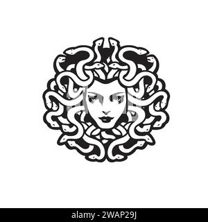 Vecteur Noir et blanc Méduse Gorgon Femme tête avec des serpents Illustration, Méduse greek mythe illustration vectorielle de créature Illustration de Vecteur