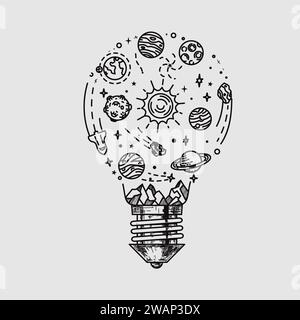 Doodle système solaire dans la lumière d'ampoule croquis dessiné à la main, planètes, comète cosmique et étoiles, l'astronomie des griffons spatiaux. Système solaire céleste Illustration de Vecteur