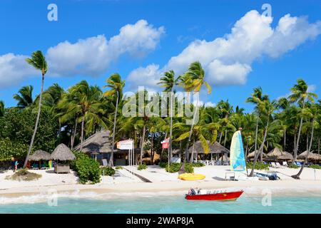 Une plage tropicale ensoleillée avec des palmiers, des bateaux et des cabanes sous un ciel bleu, catamaran, Dominicus Beach, Bayahibe, République Dominicaine, Hispaniola, Caribbe Banque D'Images