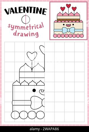 Feuille de dessin symétrique Saint-Valentin. Complétez l'image du gâteau. Feuille de travail de pratique d'écriture de vacances d'amour de vecteur. Imprimable noir et blanc ac Illustration de Vecteur