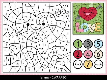 Vector Saint Valentine couleur par nombre d'activité avec mignon coeur kawaii percé de flèche, lettrage. Aimez la scène de vacances. Comptage gam noir et blanc Illustration de Vecteur