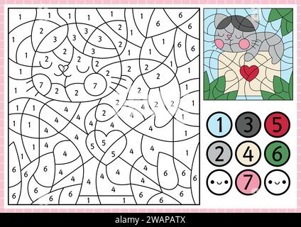 Vector Saint Valentine couleur par nombre d'activité avec chat kawaii mignon couché sur la lettre scellée avec le coeur. Aimez la scène de vacances. Counti noir et blanc Illustration de Vecteur