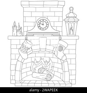 Foyer éclairé de Noël avec horloge, bougies et cadeaux. Illustration de vacances d'hiver, coloriage, noir et blanc, dessin au trait, impression et couleur, vacances préférées, j'aime l'hiver. Illustration vectorielle Illustration de Vecteur