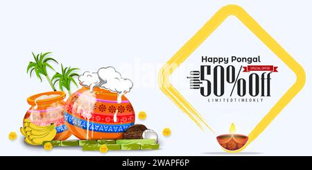 Modèle de conception de bannière de vente de festival de récolte Happy Pongal avec 50% de réduction sur l'étiquette. Illustration de Vecteur