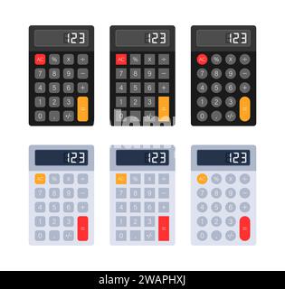 Ensemble de calculatrices vectorielles dans différents schémas de couleurs, idéal pour les finances, les mathématiques et l'éducation graphiques et icônes liés. Illustration de Vecteur