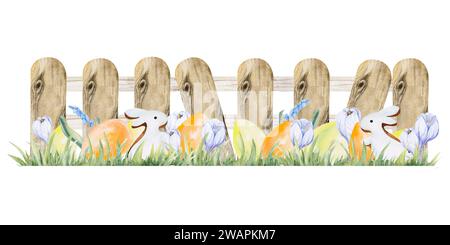 Aquarelle dessinée à la main composition de Pâques de printemps avec clôture en bois, oeufs colorés de lapin blanc et crocus. Arrangement floral ensoleillé pour décor de vacances Banque D'Images