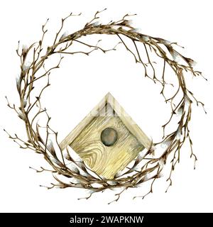 Cabane à oiseaux en bois aquarelle dans un arrangement de couronnes de branches florales. Composition de pâques de printemps dessinée à la main pour carte, modèle d'invitation. Cadre rond pour Banque D'Images