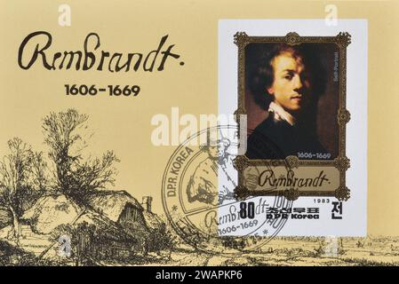 Bloc-feuillet avec timbre-poste oblitéré imprimé par la Corée du Nord, qui montre une peinture de Rembrandt, vers 1983. Banque D'Images