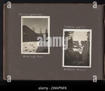 Vacances de sports d'hiver à Semmering, Autriche, Berti Hoppe (possible), 1930 photographier deux paysages d'hiver à Semmering, dont un avec un bâtiment. Les légendes indiquent que c'est un visage sur la chaîne de montagnes rax et un visage sur la ferme du Südbahnhotel. Ces photos font partie d'un album. Semmering carton. support photographique gélatine argentique paysage d'hiver ; paysage symbolisant l'hiver (les quatre saisons de l'année). montagnes. Ferme ou maison solitaire dans le paysage Semmering Banque D'Images