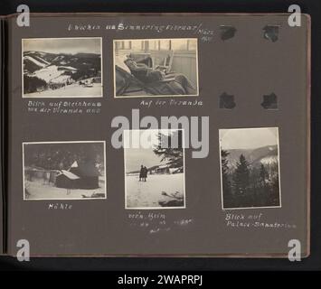 Vacances de sports d'hiver à Semmering, Autriche, Berti Hoppe (possible), 1930 photographier trois paysages d'hiver, l'un avec un bâtiment, une photo de Berti Hoppe dans une chaise sur la véranda et une photo de Berti Hoppe et d'un homme, probablement Herman Besselaar, dans la neige. Les légendes indiquent que les paysages d'hiver sont des visages sur le Steinhaus, le palais sanatorium et un moulin Il manque une photo sur le magazine de l'album. Ces photos font partie d'un album. Semmering carton. support photographique gélatine argentique paysage d'hiver ; paysage symbolisant l'hiver (les quatre saisons de l'année). historique Banque D'Images