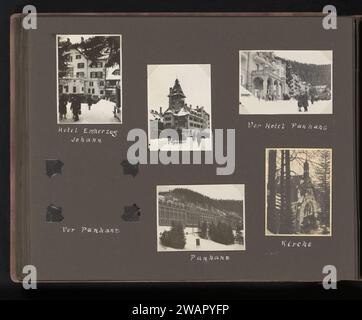 Vacances de sports d'hiver à Semmering, Autriche, Berti Hoppe (possible), 1930 photographier cinq visages sur des bâtiments à Semmering. Les légendes indiquent qu'il s'agit de l'hôtel Erzherzog Johann, de l'hôtel Panhans et d'une église. Il manque une photo sur le magazine de l'album. Ces photos font partie d'un album. Semmering carton. support photographique gélatine argentique église (extérieur). hôtel, hôtellerie, auberge. Snow Semmering Banque D'Images