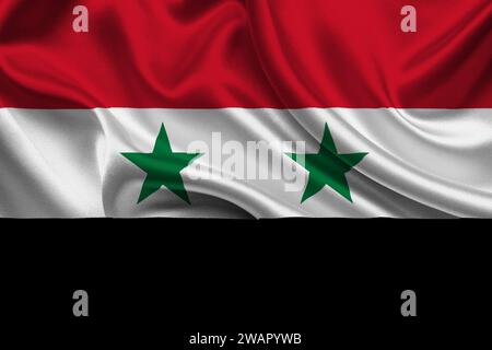 Drapeau détaillé élevé de Syrie. Drapeau national syrien. Asie. Illustration 3D. Banque D'Images