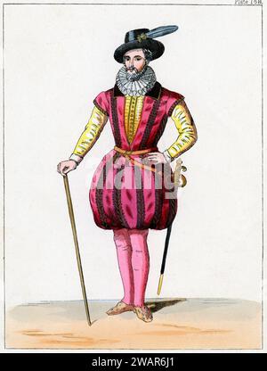 Portrait complet de Sir Walter Raleigh (1552-1618) explorateur, écrivain, poète et courtisan anglais portant des vêtements élisabéthiens. 19e gravure colorée ou Illustration. Banque D'Images
