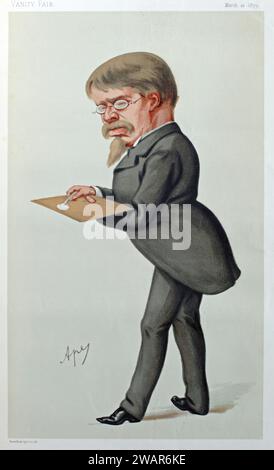 Portrait en pied de Sir Lawrence Alma-Tadema (1836-1912) artiste néerlandais portant un costume formel et tenant une palette d'artiste. 1879 Illustration de Vanity Fair Banque D'Images