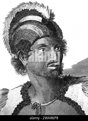 Portrait de l'homme indigène d'Hawaï portant Headdress Vintage ou Historic Illustration ou gravure 1794 Banque D'Images