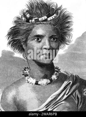 Portrait d'une jeune femme indigène d'Hawaï portant une robe ethnique ou un costume autochtone traditionnel. Illustration ou gravure vintage ou historique 1794 Banque D'Images