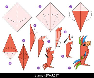 Tutoriel origami pour les enfants. Origami mignon perroquet. Illustration de Vecteur