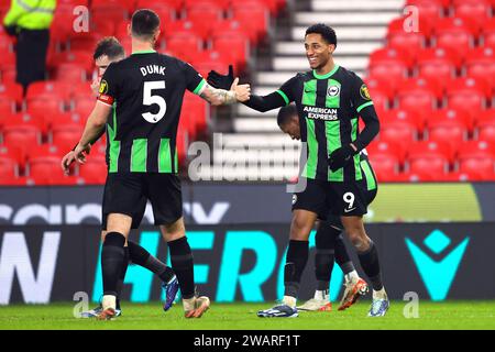 Stoke-on-Trent le samedi 6 janvier 2024. Brightons Joao Pedro célèbre avoir atteint 3-2 lors du match du troisième tour de la FA Cup entre Stoke City et Brighton et Hove Albion au Britannia Stadium, Stoke-on-Trent, le samedi 6 janvier 2024. (Photo : Chris Donnelly | MI News) crédit : MI News & Sport / Alamy Live News Banque D'Images