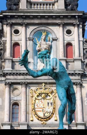 Anvers, Anvers, Flandre, Belgique, Rathaus, Stadhuis, Grote Markt, mairie, Brabobrunnen, Jef Lambeaux, Italienischer Manierismus, Silvius Brabo Banque D'Images