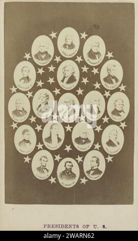 Composition de portraits de 18 présidents américains, de George Washington à Ulysses S. Grant (1789-1877), c. 1869 - c. 1877 Photographie. Carte de visite États-Unis d'Amérique (éventuellement) papier. papier blanc en carton personnes historiques. président  chef de la république des États-Unis d'Amérique Banque D'Images