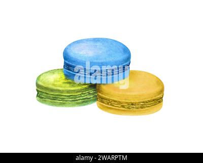 Macarons français traditionnels. Biscuits aux amandes colorés, gâteau au macaron. Dessert sucré bleu, vert et jaune. Illustration à l'aquarelle. Pour package, menu Banque D'Images