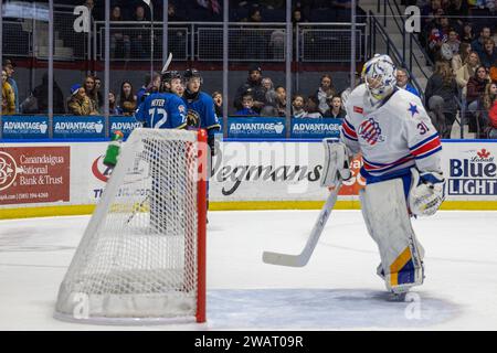 5 janvier 2024 : les joueurs des Monsters de Cleveland célèbrent un but en première période contre les Americans de Rochester. Les Americans de Rochester ont accueilli les Monsters de Cleveland dans un match de la Ligue américaine de hockey à Blue Cross Arena à Rochester, New York. (Jonathan Tenca/CSM) Banque D'Images