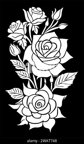 dessin linéaire graphique blanc de fleur de rose sur fond noir, design Banque D'Images