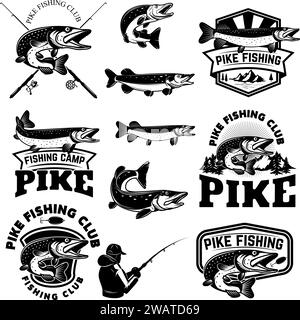 Ensemble d'emblèmes de pêche au brochet dans un style monochrome. Logo de poisson brochet, étiquette, signe, affiche, badge. Illustration de Vecteur