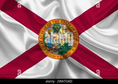 Drapeau détaillé élevé de Floride. Drapeau de l'État de Floride, drapeau national de Floride. Drapeau de l'état Floride. ÉTATS-UNIS. Amérique. Banque D'Images