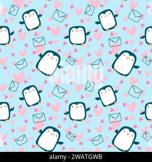 Valentines Hearts Pingouin sans couture et modèle d'amour pour envelopper le papier et les tissus et les draps et les vêtements pour enfants imprimer et emballage festif et fête a Banque D'Images