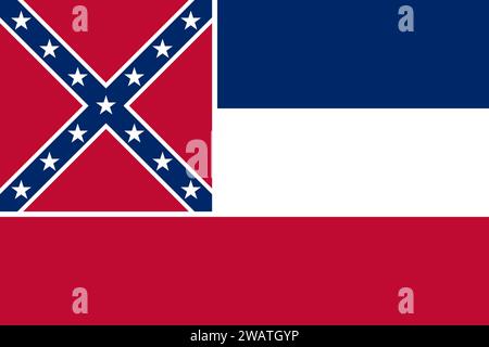 Haut drapeau détaillé du Mississippi. Drapeau de l'État du Mississippi, drapeau national du Mississippi. Drapeau de l'état Mississippi. ÉTATS-UNIS. Amérique. Banque D'Images