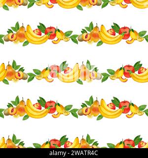 Modèle sans couture avec des fruits. Bananes, kiwi, pêches et nectarines, tranches de citron, nectarine dessinée à la main à l'aquarelle sur fond blanc. Banque D'Images