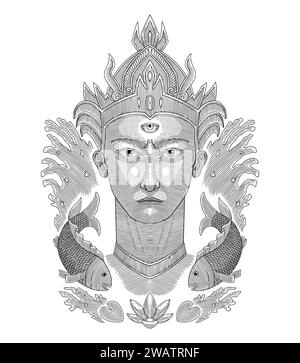 Roi avec une couronne, étaler de l'eau et du poisson. Symbole du zodiaque poissons, gravure Vintage dessin ilustration Illustration de Vecteur