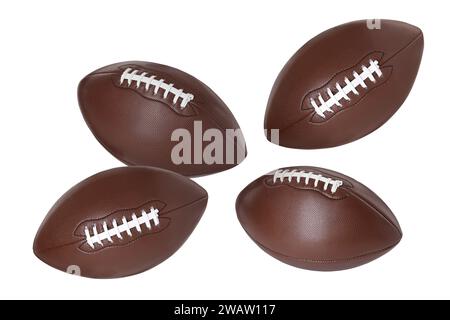 Beaucoup de balles de football américain volant sur fond blanc Banque D'Images
