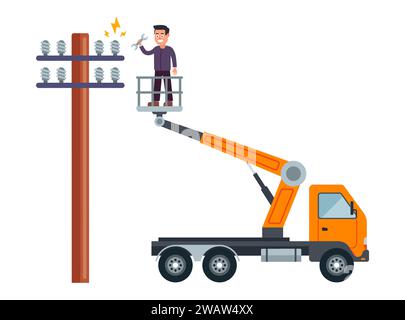 homme réparant un poteau électrique. illustration vectorielle plate Illustration de Vecteur