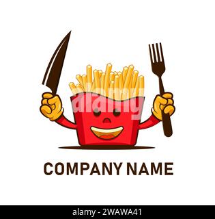 french fries take away boîtes personnage de dessin animé de mascotte tenant un design de logo vecteur de couteau et de fourchette Illustration de Vecteur