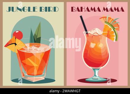 Affiches cocktail rétro Jungle Bird, Bahama Mama. Illustration de Vecteur