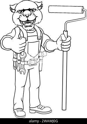 Panther Painter Decorator Paint Roller Mascot Man Illustration de Vecteur