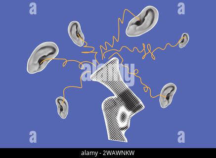 Haut-parleur à main de style demi-teinte noir et blanc collage, oreilles. Cri, haine, concept de fausses nouvelles. Annonce, publicité.illustration vectorielle Illustration de Vecteur